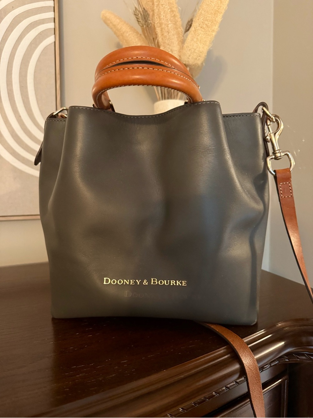 Dooney & Bourke charcoal Leather Shoulder Bag with Brown Handles